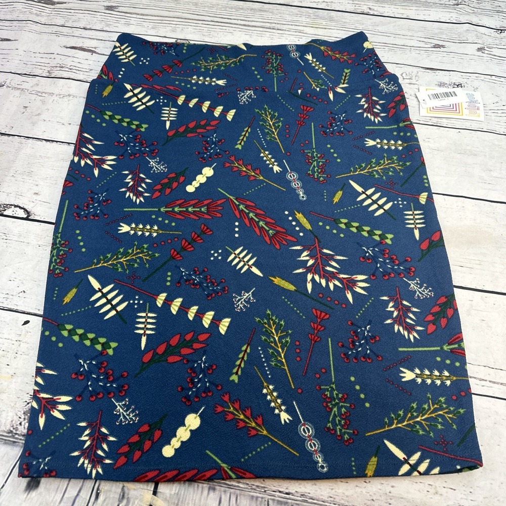 LuLaRoe Cassie Pencil Skirt Large Navy Blue Floral Botanical Berry Print NWT